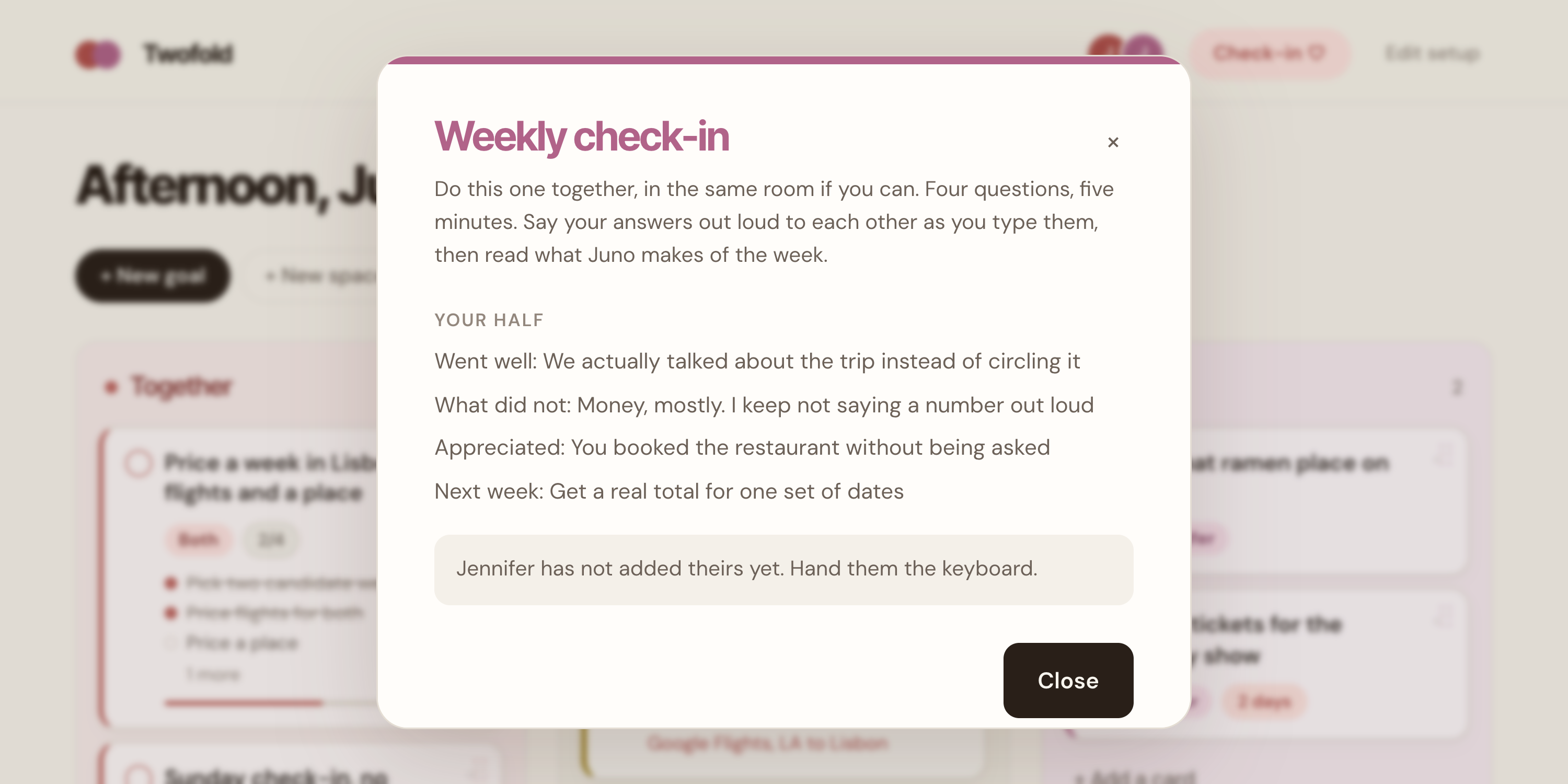 A completed weekly check-in with Juno's reflection