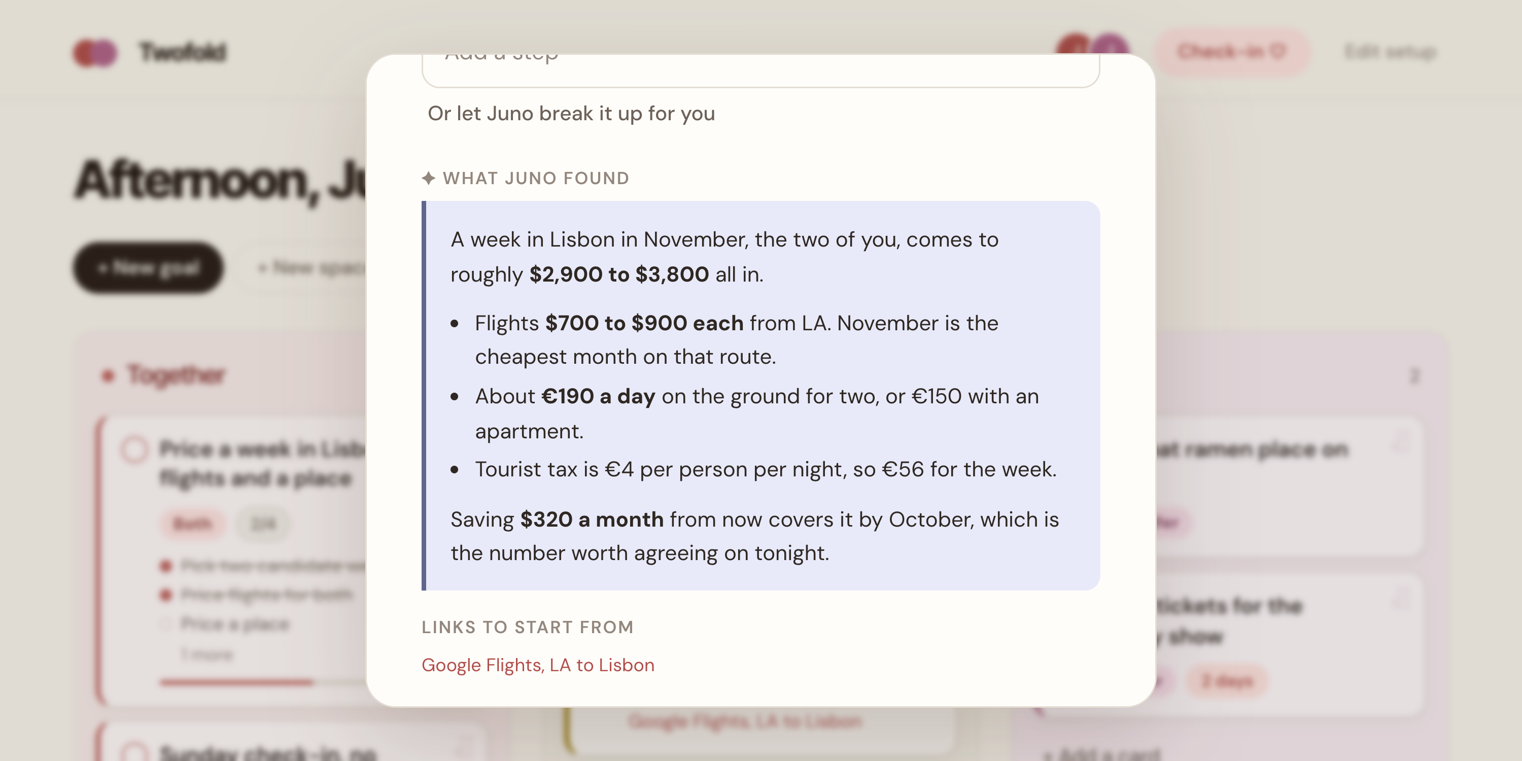A card Juno researched, with real prices written back onto it