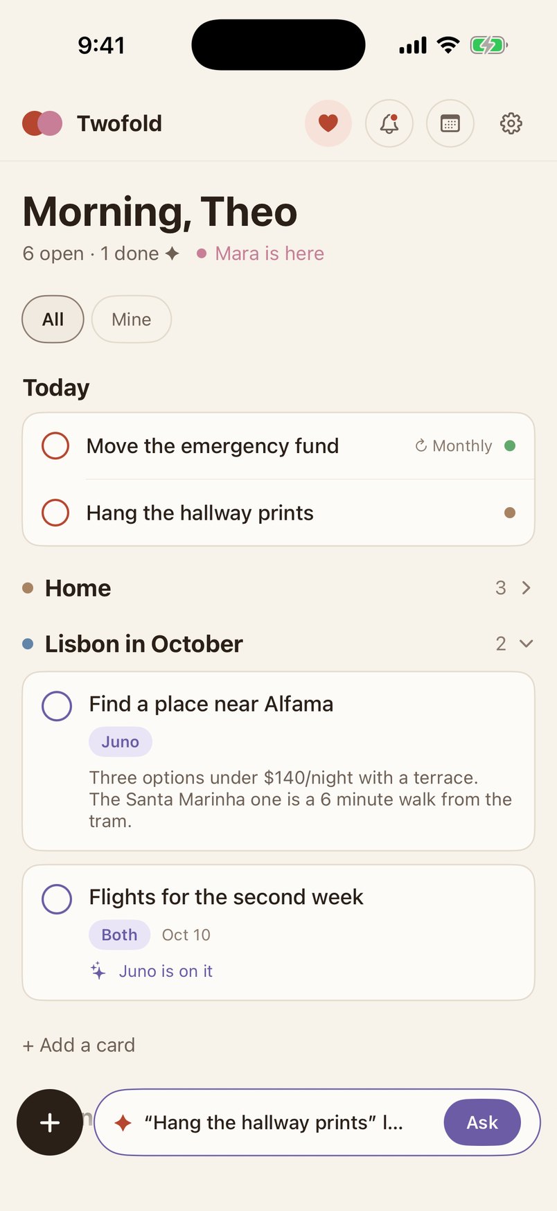 The Twofold board on iPhone. Morning, Theo; Mara is here. In Lisbon in October, Juno has found three places under $140 a night near Alfama.